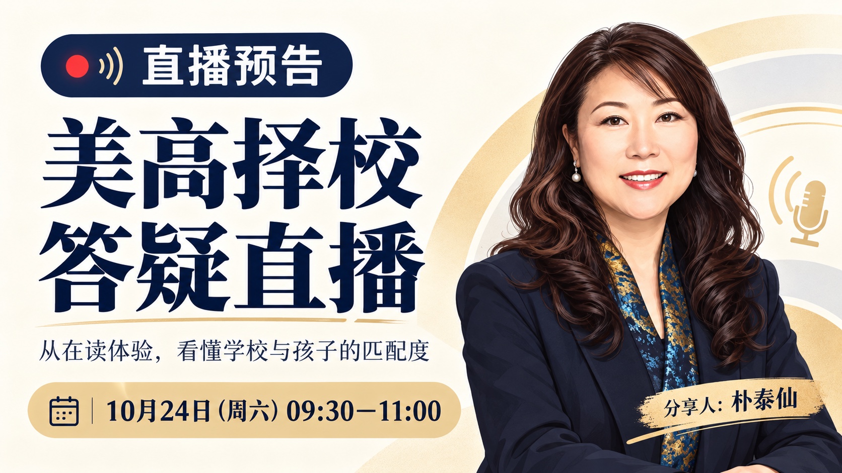 美高择校答疑直播预告：朴泰仙卡通人像，10月24日周六09:30—11:00