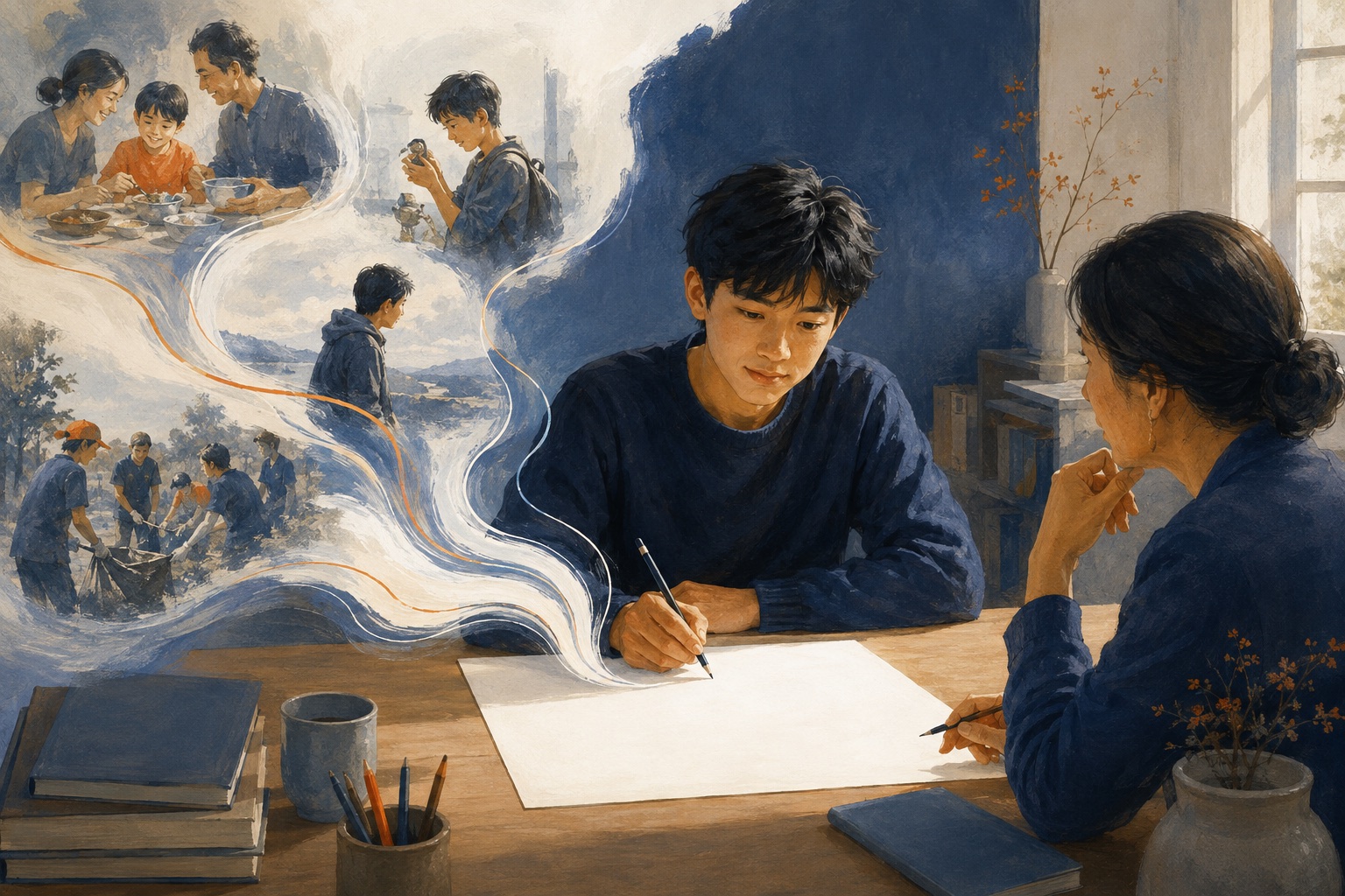 学生在顾问引导下梳理经历并撰写美高申请文书的插画