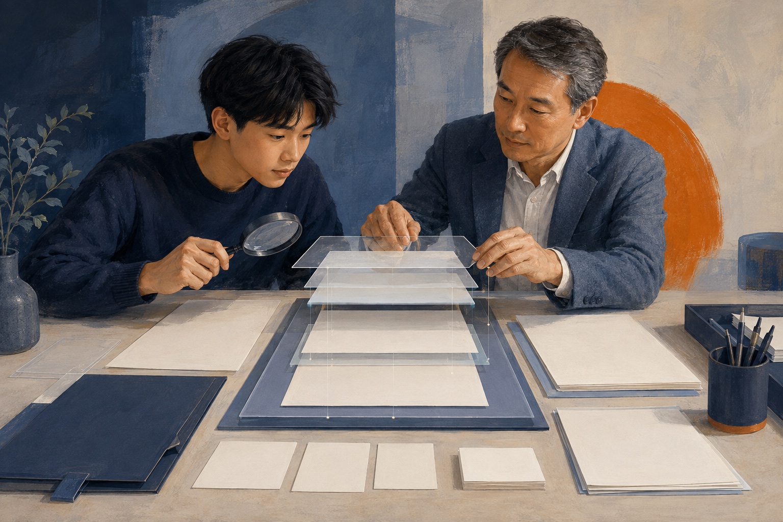 学生与顾问逐层审核美高申请材料的插画