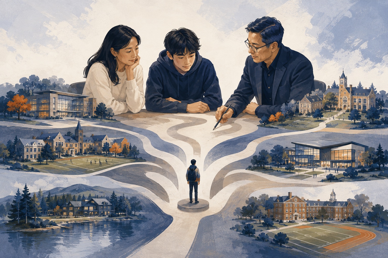 学生家庭与顾问比较不同美高校园匹配度的插画