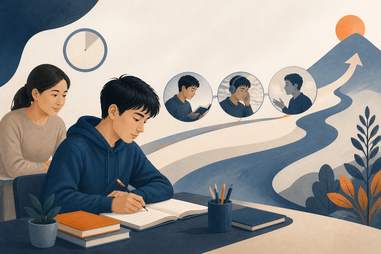 学生在导师支持下进行系统化标化考试训练的插画