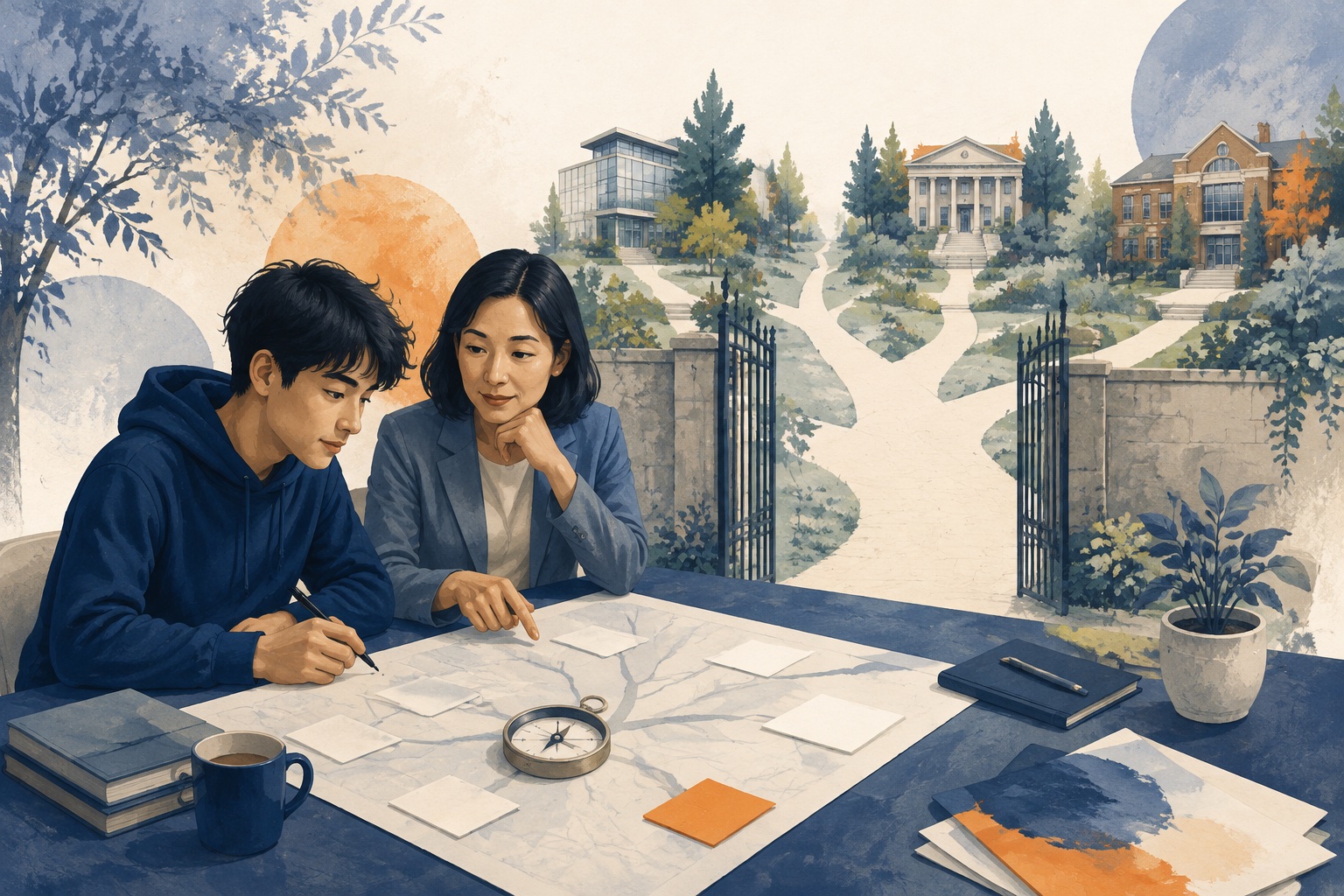 学生与顾问规划美高候补和补申多条路径的插画